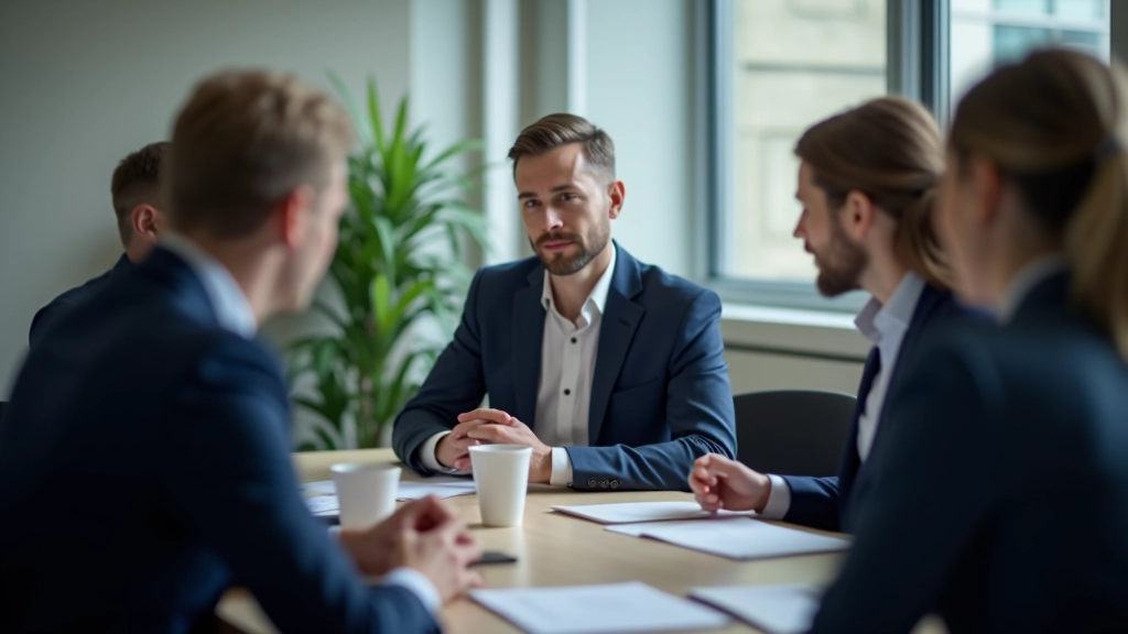 Group of professionals in meeting room having serious discussion, leadership moment