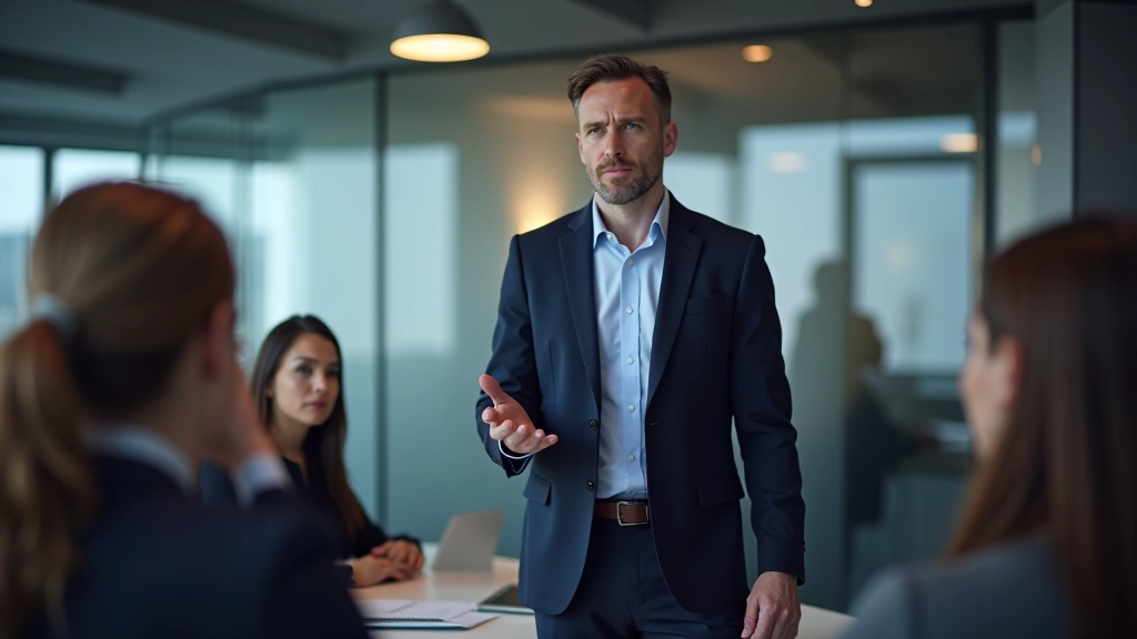Leder der præsenterer for team i mødelokale, præsentationsmateriale, åben kommunikation