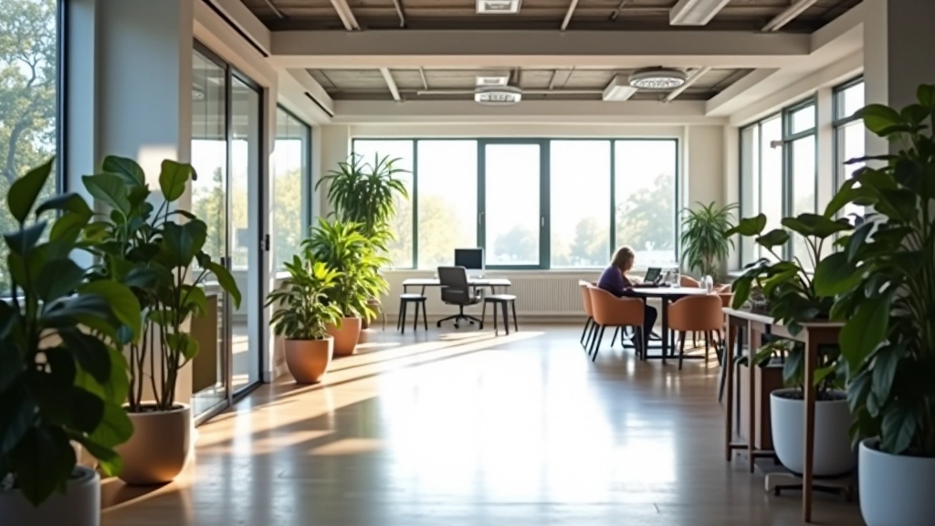 Modern workspace med åbne kontorer og collaborative arbejdsmiljø