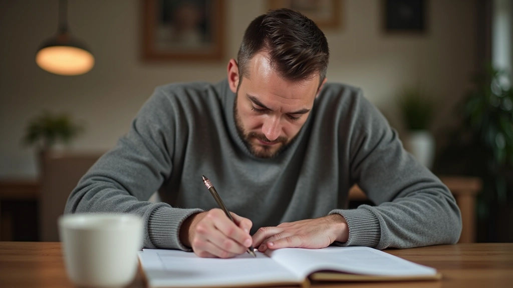 Person writing in journal with coffee on desk, reflective moment captured